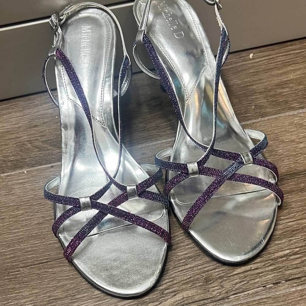 Michelle D Purple Glitter Strappy Heels with Silver Footbed